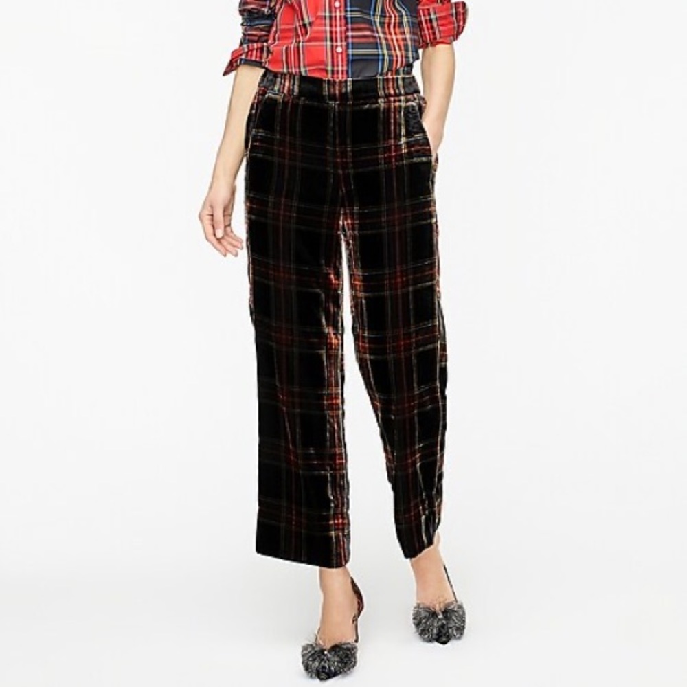 Velvet Plaid Cropped Petite Plaid Trousers